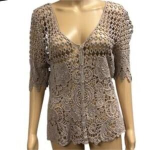 Boho Button Up Beach Cardigan NWT Questions by Say What Beige Crochet Knit  XL